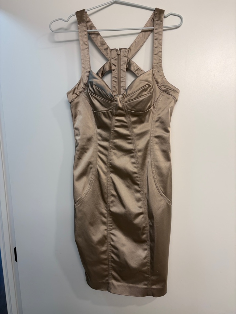 BEBE Champagne Satin Square-Neck Sheath Dress in Taupe